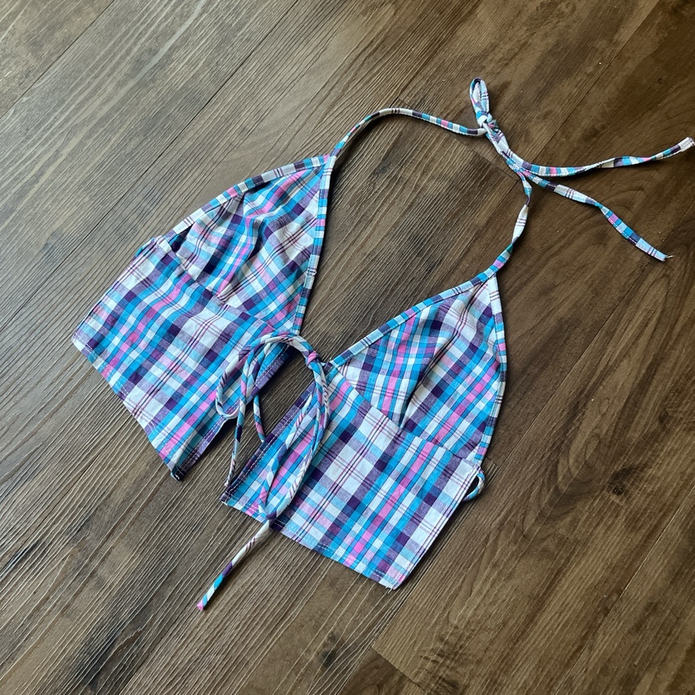 Multi color plaid backless halter crop top.